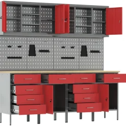 vidaXL Werk kast met lade met slot 10 st Rood Engineered hout en staal