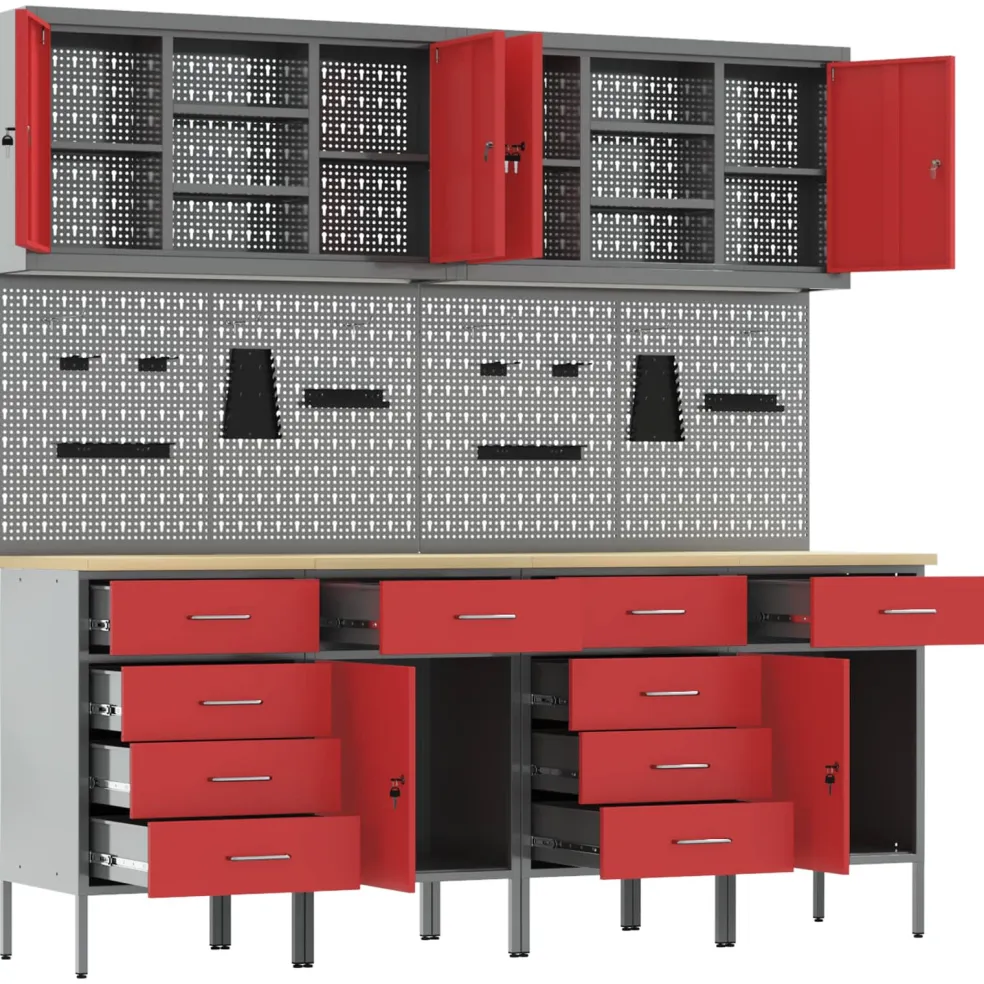 vidaXL Werk kast met lade met slot 10 st Rood Engineered hout en staal