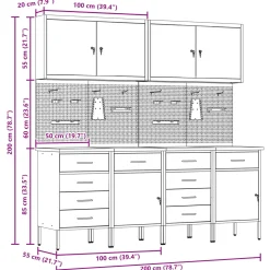 vidaXL Werk kast met lade met slot 10 st Rood Engineered hout en staal