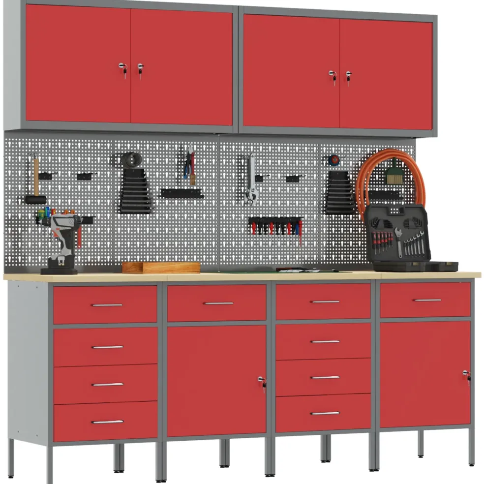 vidaXL Werk kast met lade met slot 10 st Rood Engineered hout en staal