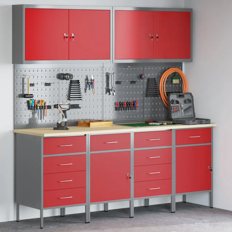 vidaXL Werk kast met lade met slot 10 st Rood Engineered hout en staal