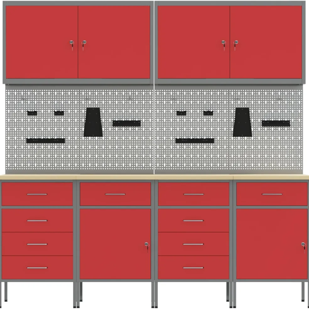 vidaXL Werk kast met lade met slot 10 st Rood Engineered hout en staal