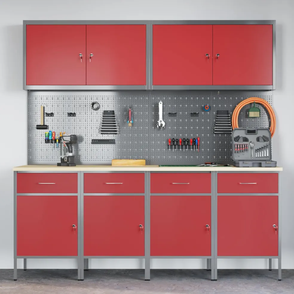 vidaXL Werk kast met lade met slot 5 st Rood Engineered hout en staal