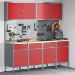 vidaXL Werk kast met lade met slot 5 st Rood Engineered hout en staal