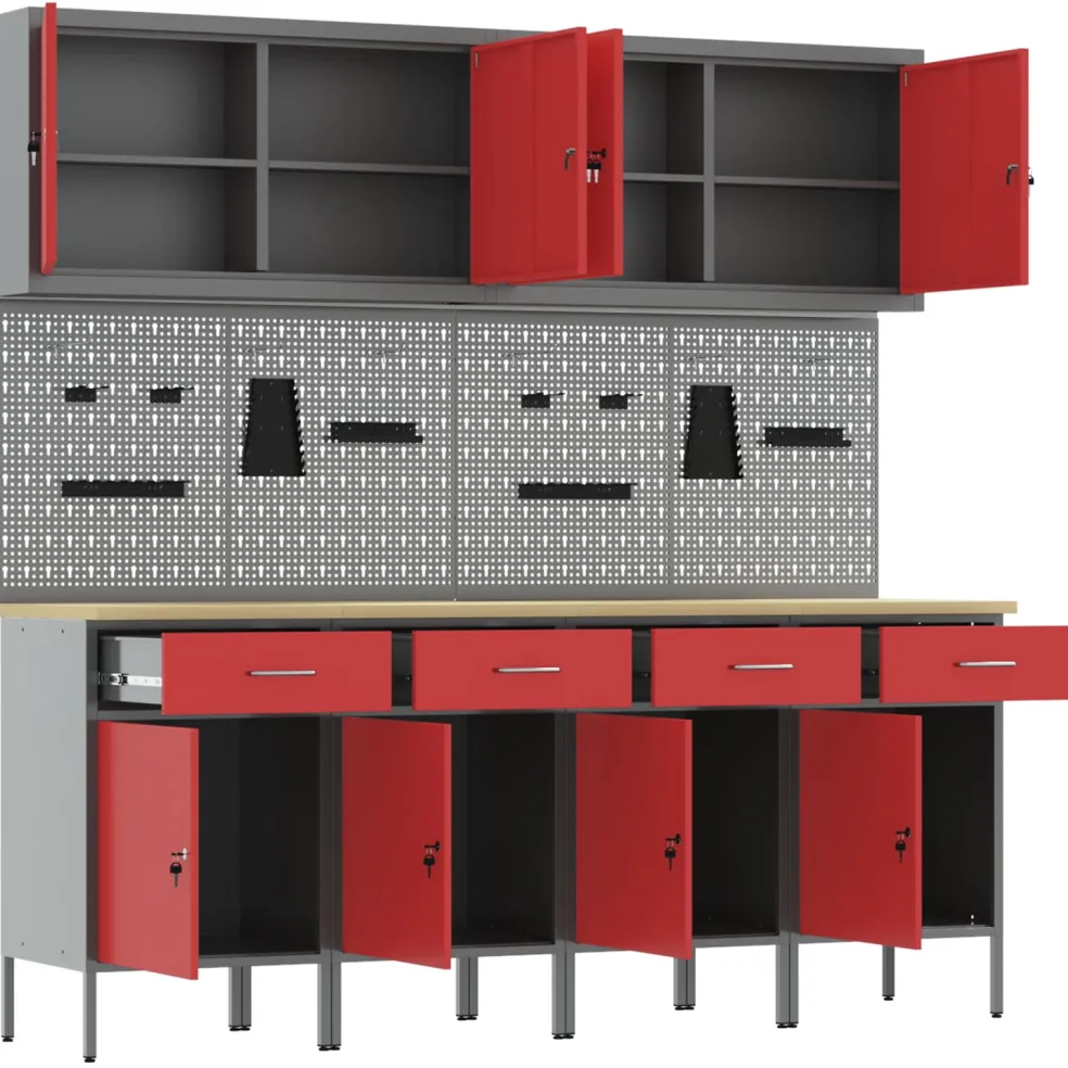 vidaXL Werk kast met lade met slot 5 st Rood Engineered hout en staal