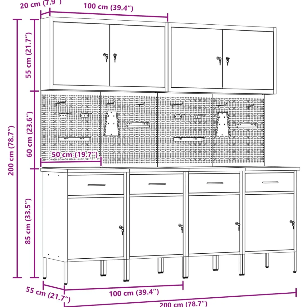 vidaXL Werk kast met lade met slot 5 st Rood Engineered hout en staal