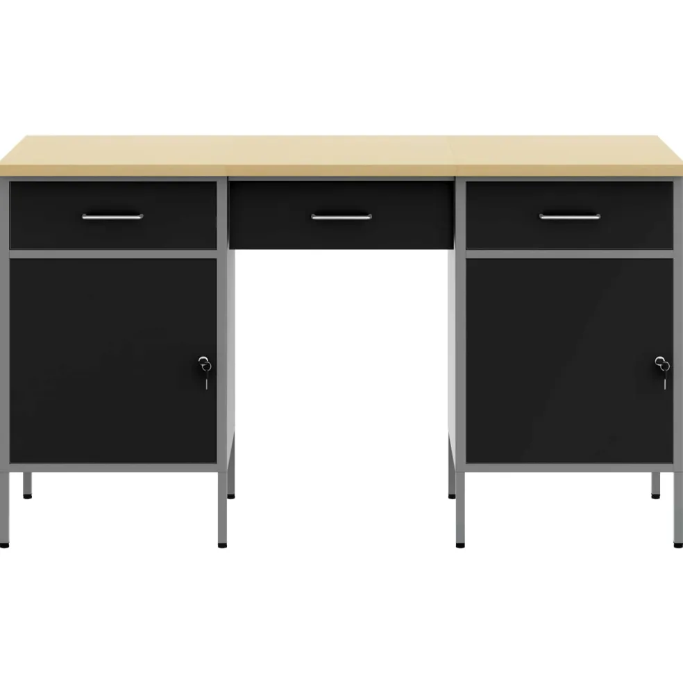 vidaXL Werk kast met lade met slot 3 st Zwart Engineered hout en staal