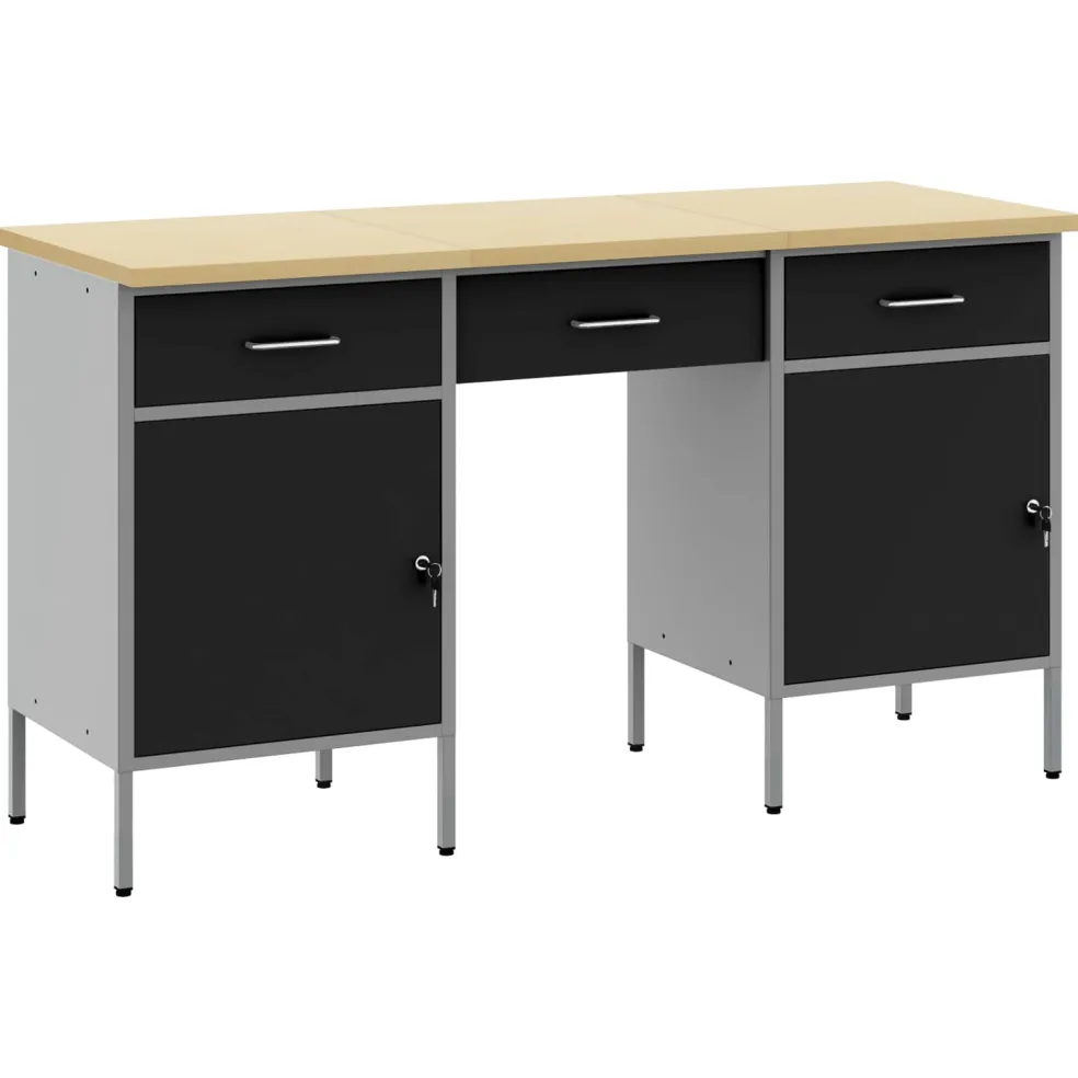 vidaXL Werk kast met lade met slot 3 st Zwart Engineered hout en staal