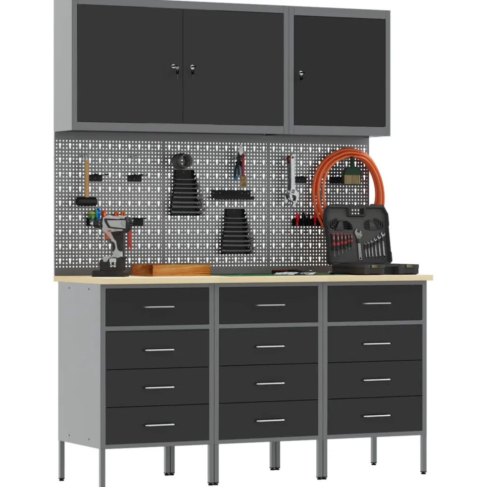 vidaXL Werk kast met lade met slot 8 st Zwart Engineered hout en staal