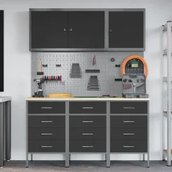 vidaXL Werk kast met lade met slot 8 st Zwart Engineered hout en staal