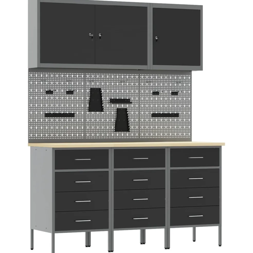 vidaXL Werk kast met lade met slot 8 st Zwart Engineered hout en staal