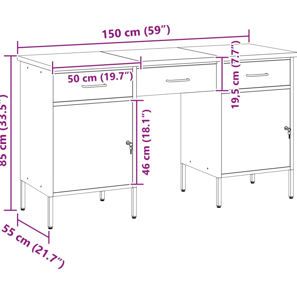 vidaXL Werk kast met lade met slot 3 st Zwart Engineered hout en staal