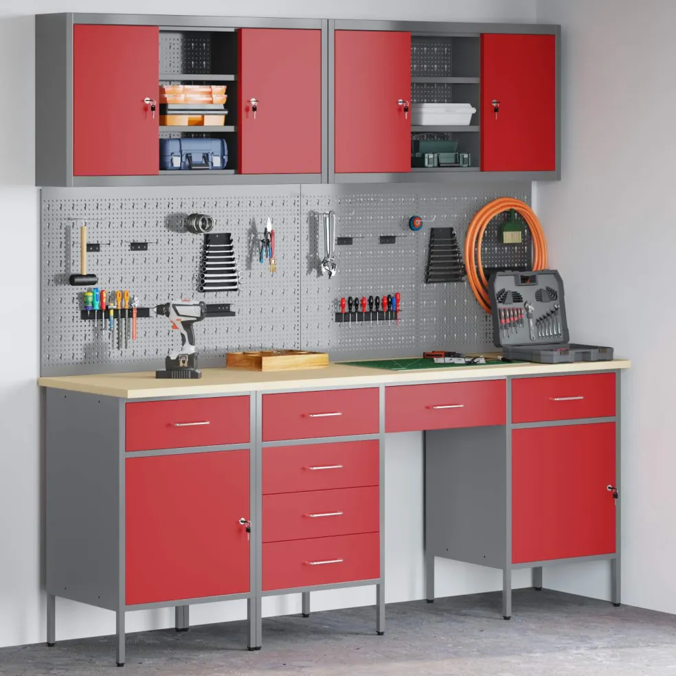 vidaXL Werk kast met lade met slot 10 st Rood Engineered hout en staal
