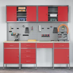 vidaXL Werk kast met lade met slot 10 st Rood Engineered hout en staal