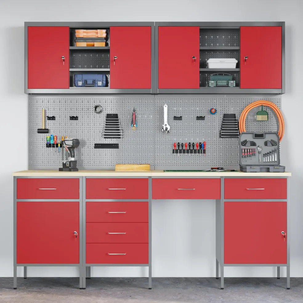 vidaXL Werk kast met lade met slot 10 st Rood Engineered hout en staal