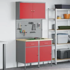 vidaXL Werk kast met lade met slot 5 st Rood Engineered hout en staal