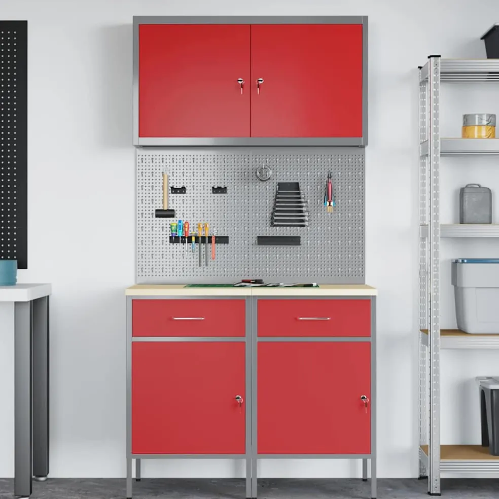 vidaXL Werk kast met lade met slot 5 st Rood Engineered hout en staal