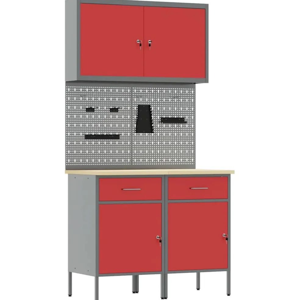 vidaXL Werk kast met lade met slot 5 st Rood Engineered hout en staal