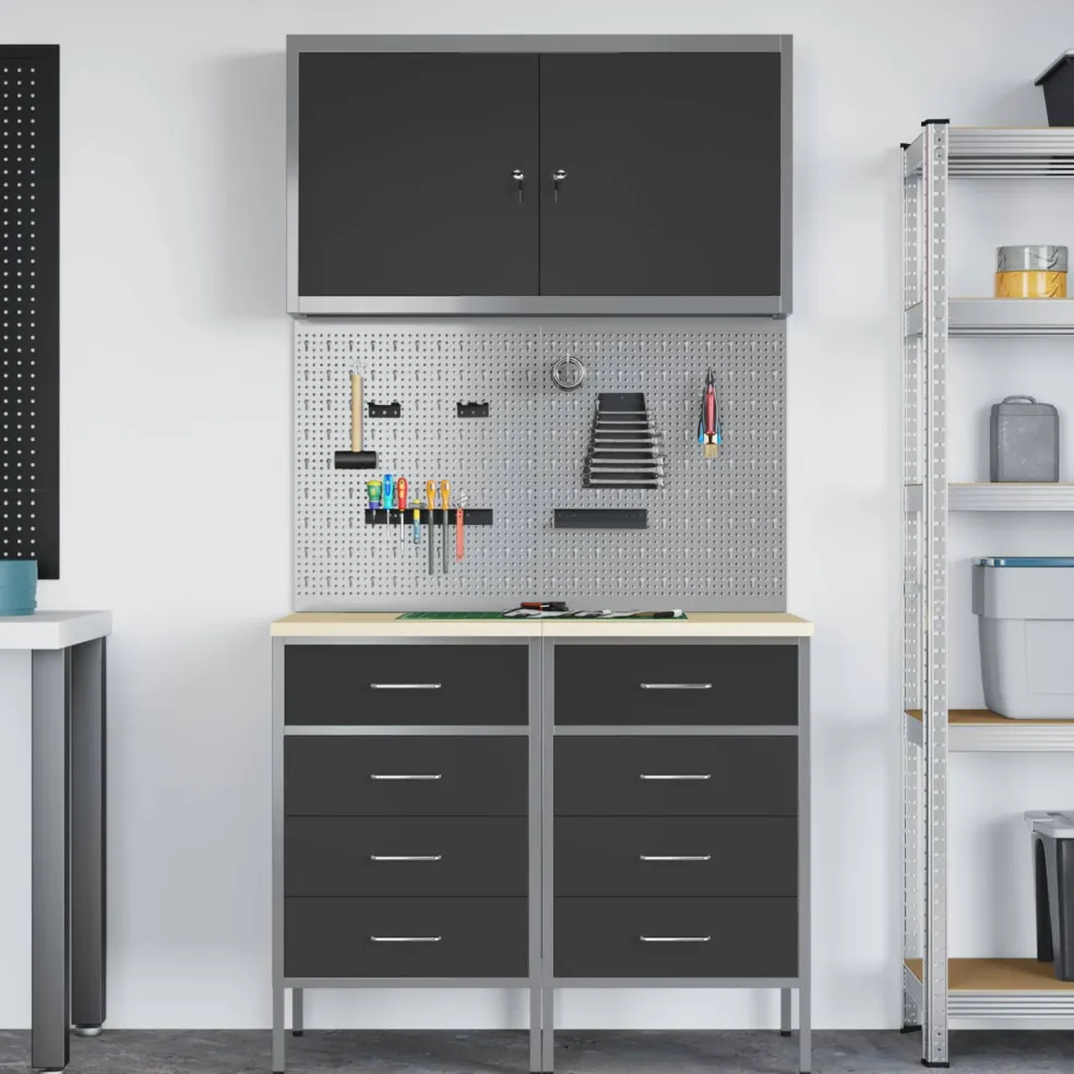 vidaXL Werk kast met lade met slot 5 st Zwart Engineered hout en staal
