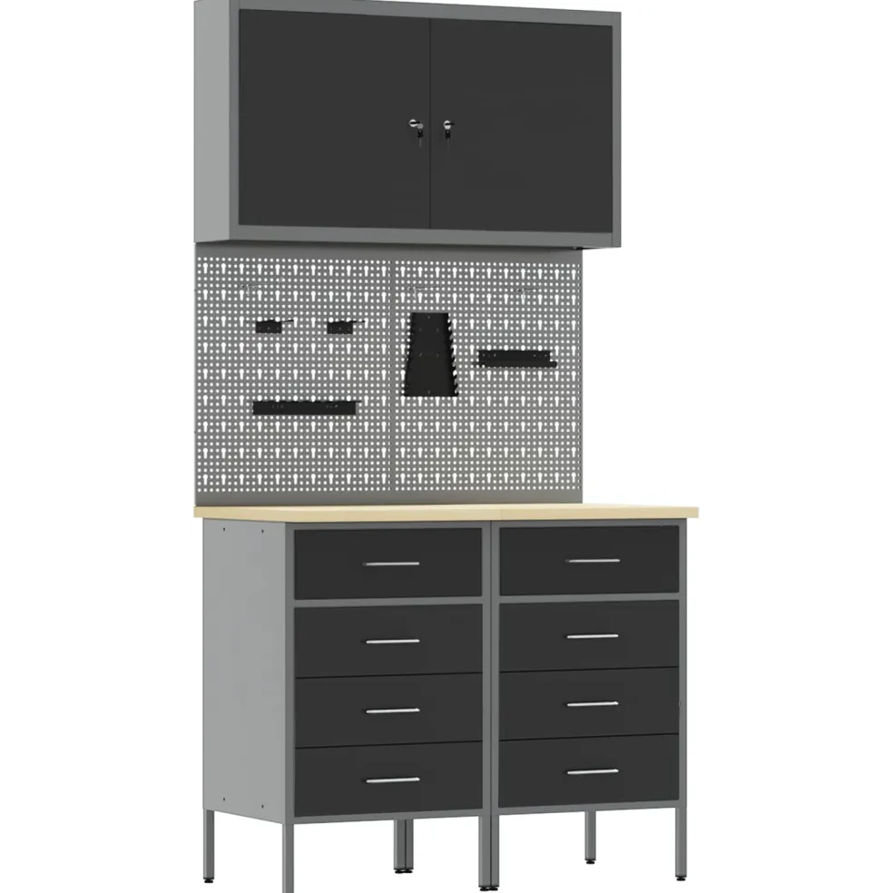 vidaXL Werk kast met lade met slot 5 st Zwart Engineered hout en staal