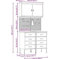 vidaXL Werk kast met lade met slot 5 st Zwart Engineered hout en staal