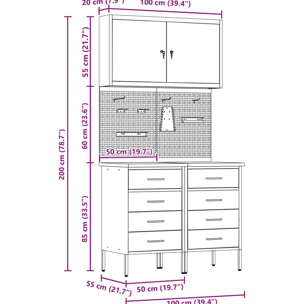 vidaXL Werk kast met lade met slot 5 st Zwart Engineered hout en staal