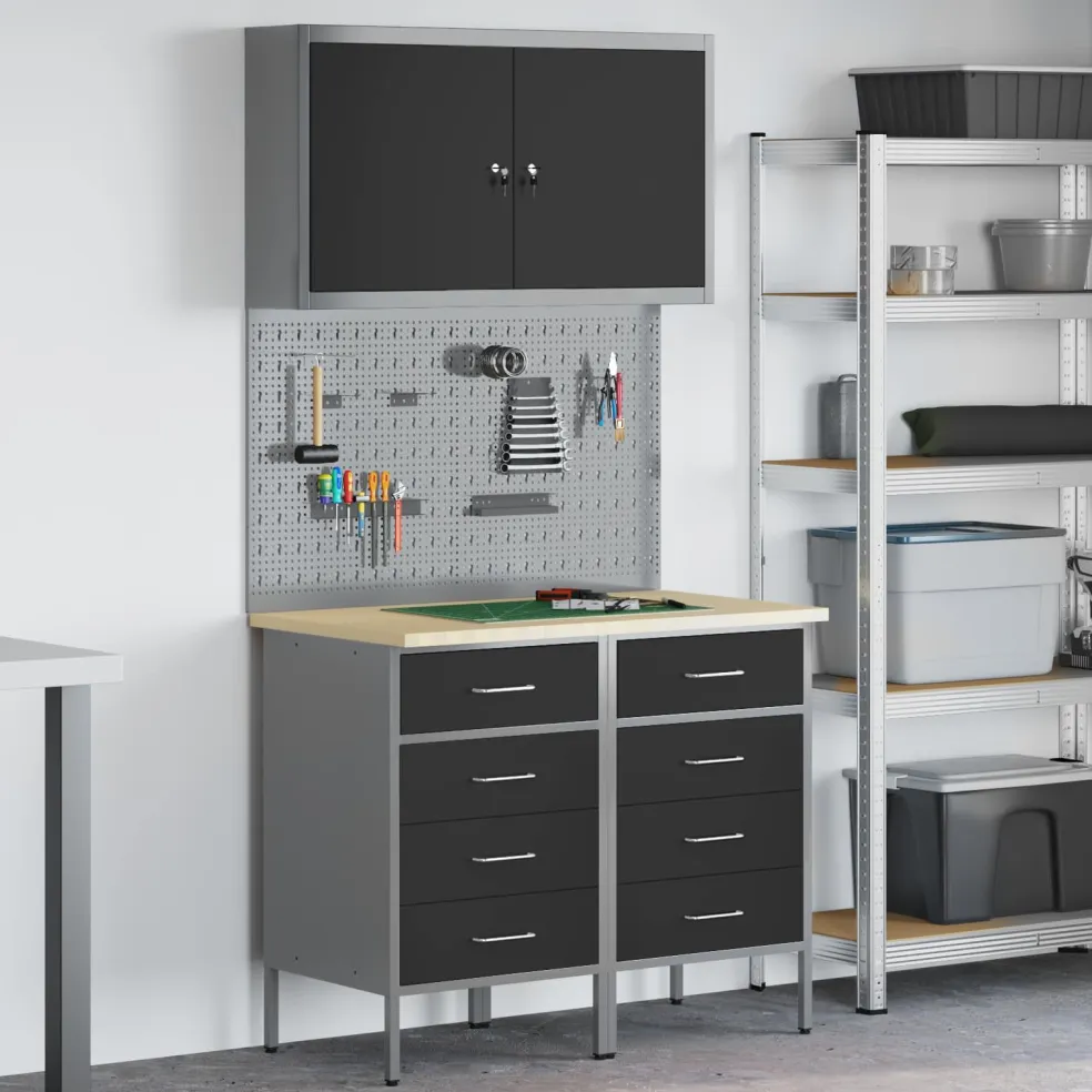 vidaXL Werk kast met lade met slot 5 st Zwart Engineered hout en staal