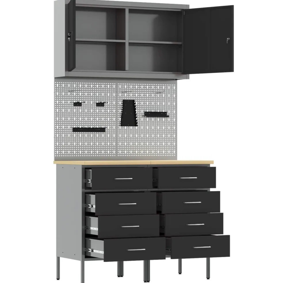 vidaXL Werk kast met lade met slot 5 st Zwart Engineered hout en staal