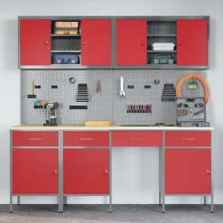 vidaXL Werk kast met lade met slot 10 st Rood Engineered hout en staal