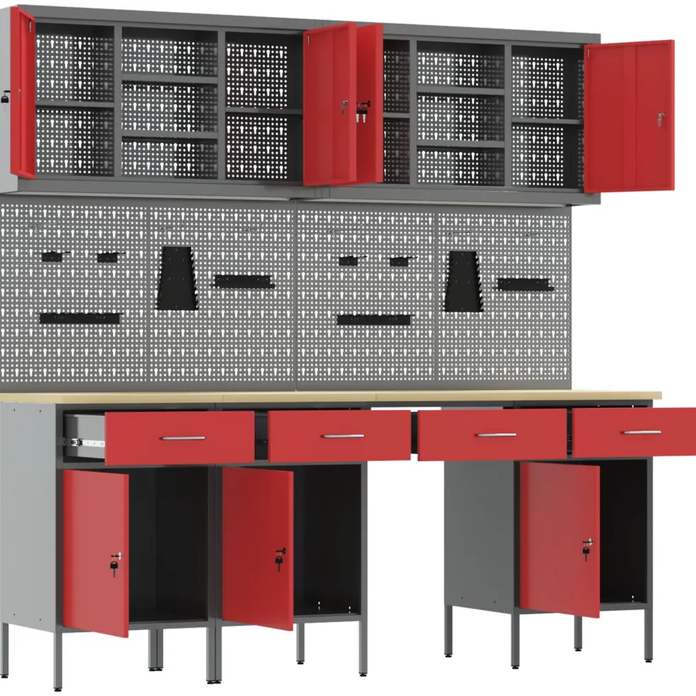 vidaXL Werk kast met lade met slot 10 st Rood Engineered hout en staal