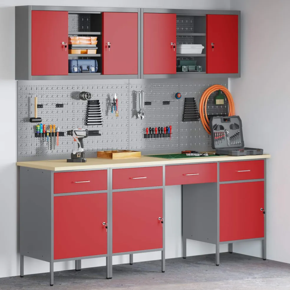 vidaXL Werk kast met lade met slot 10 st Rood Engineered hout en staal