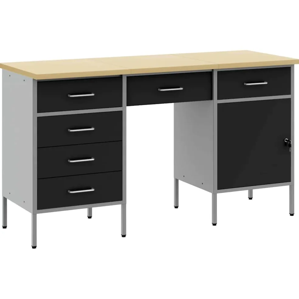 vidaXL Werk kast met lade met slot 3 st Zwart Engineered hout en staal