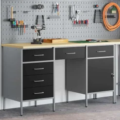 vidaXL Werk kast met lade met slot 3 st Zwart Engineered hout en staal