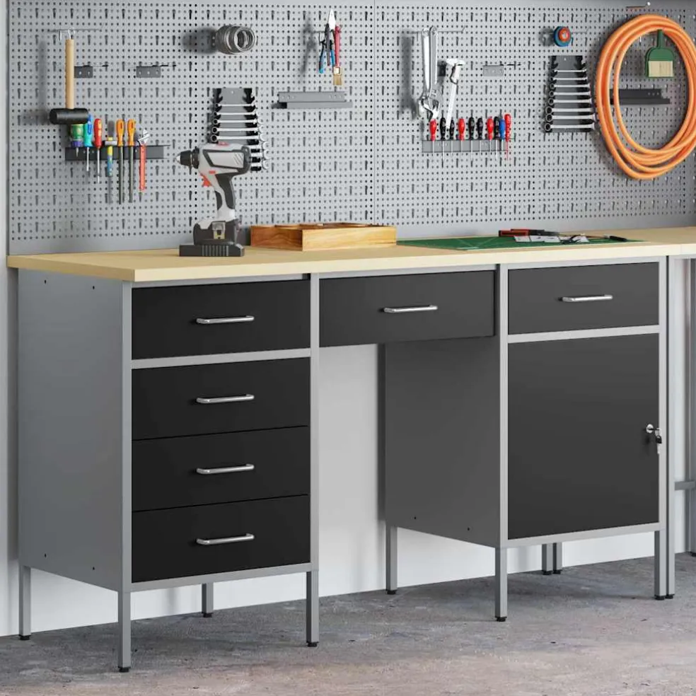vidaXL Werk kast met lade met slot 3 st Zwart Engineered hout en staal
