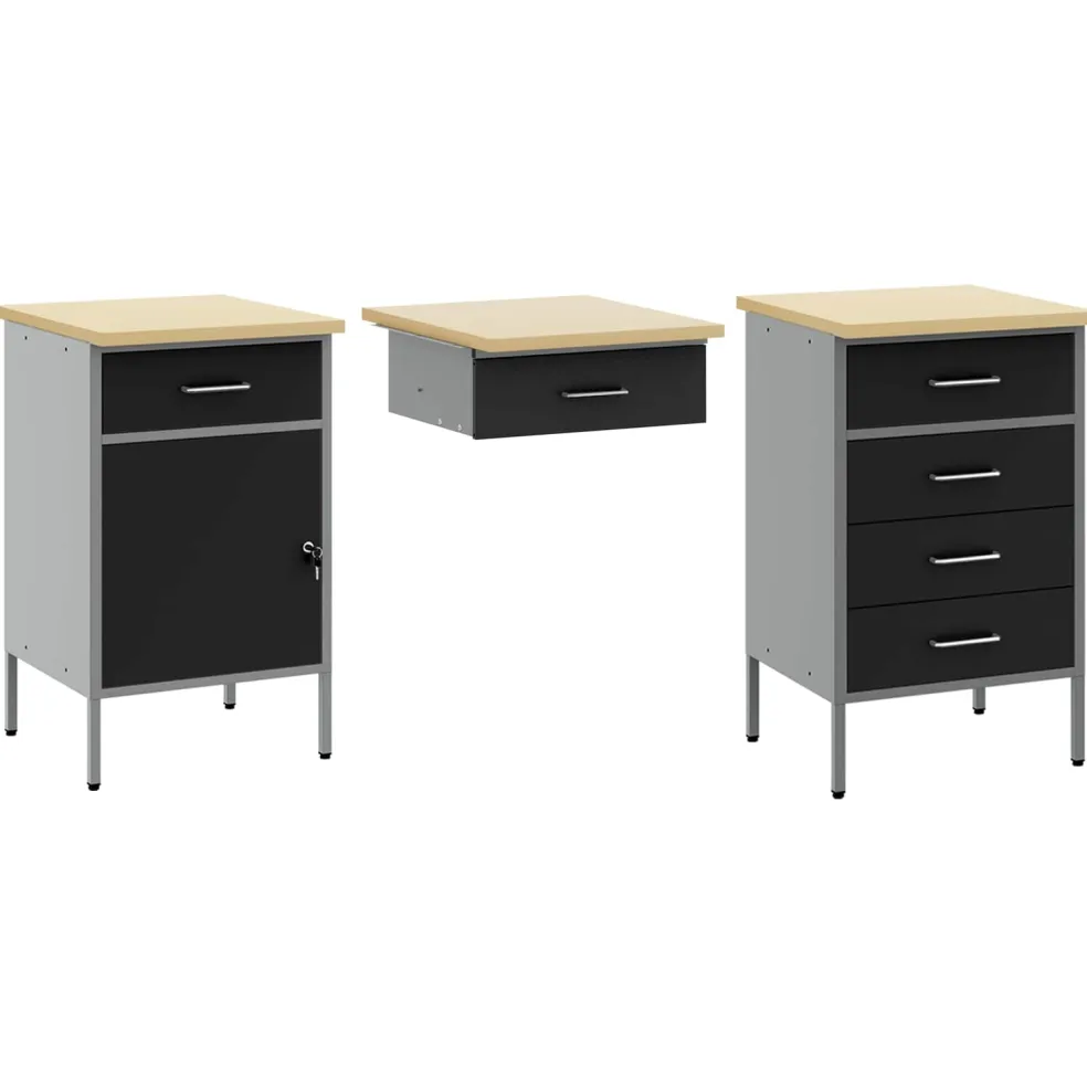 vidaXL Werk kast met lade met slot 3 st Zwart Engineered hout en staal