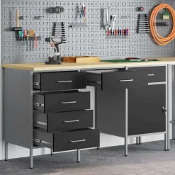 vidaXL Werk kast met lade met slot 3 st Zwart Engineered hout en staal