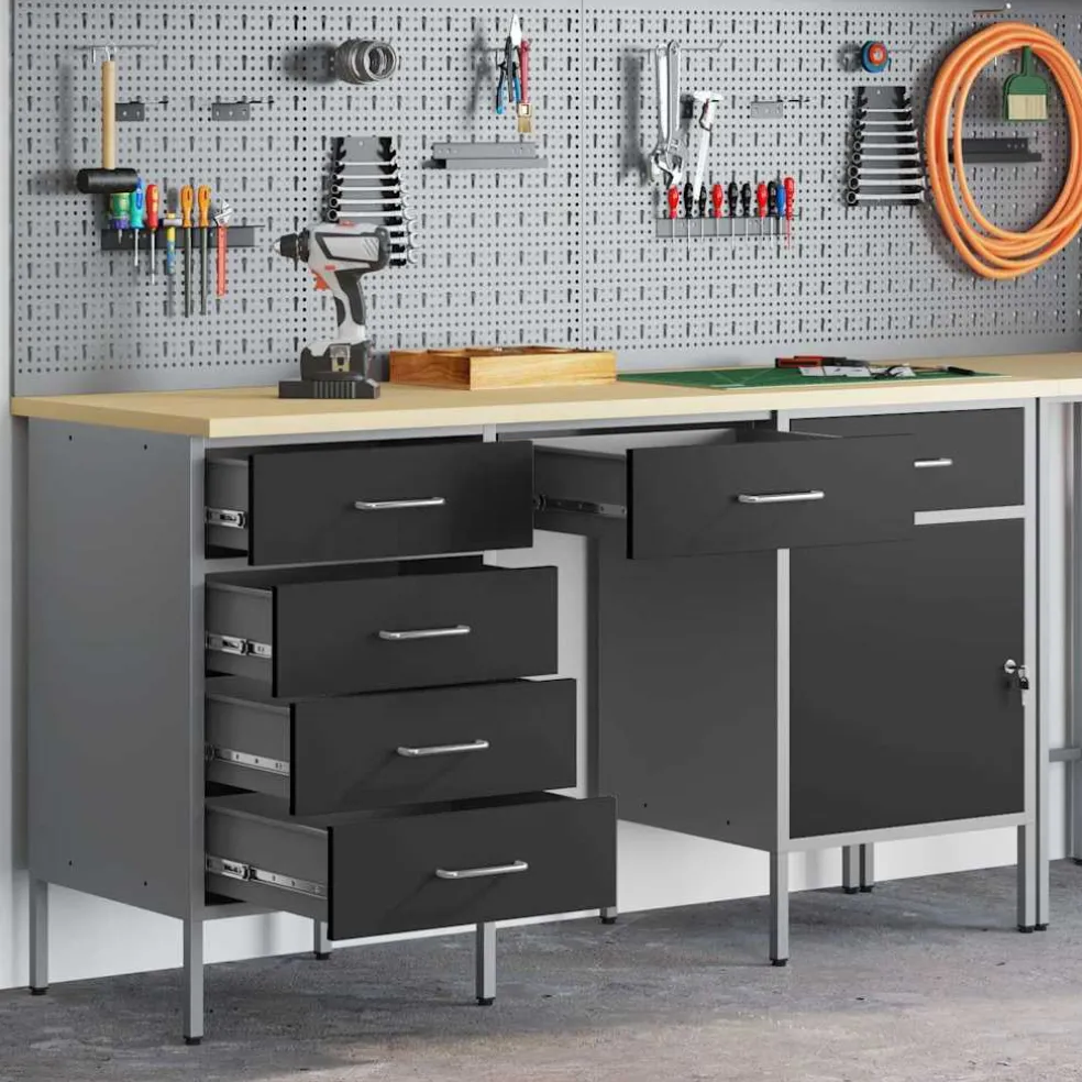 vidaXL Werk kast met lade met slot 3 st Zwart Engineered hout en staal