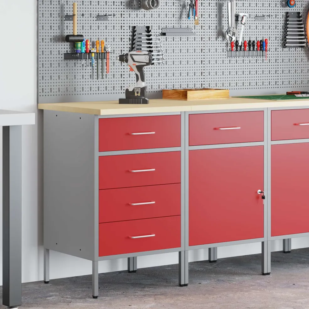 vidaXL Werk kast met lade met slot 2 st Rood en Grijs 100 x 55 x 85 cm