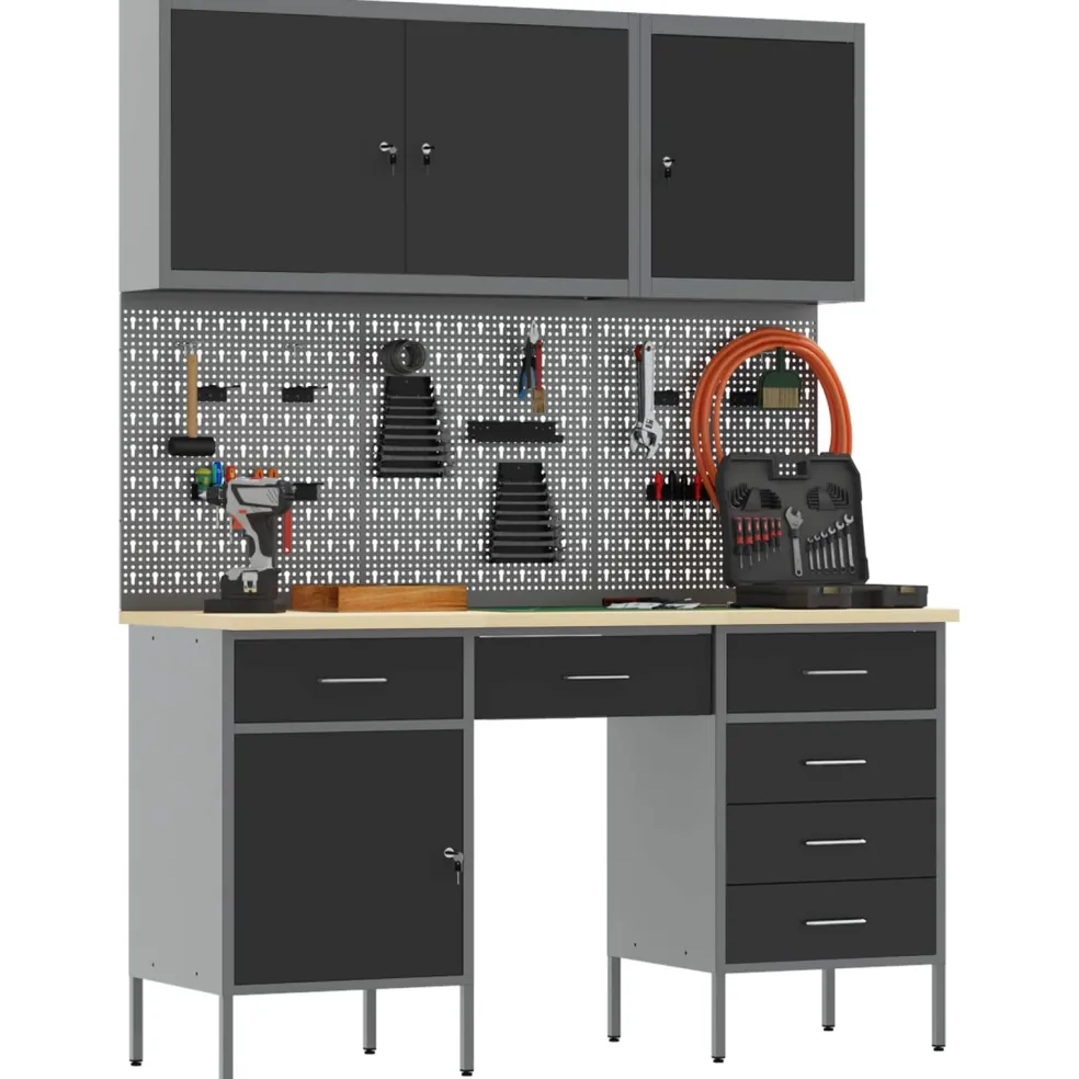 vidaXL Werk kast met lade met slot 8 st Zwart Engineered hout en staal