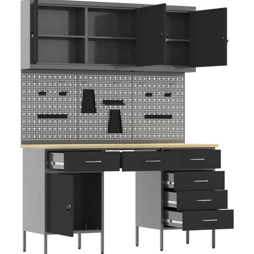 vidaXL Werk kast met lade met slot 8 st Zwart Engineered hout en staal