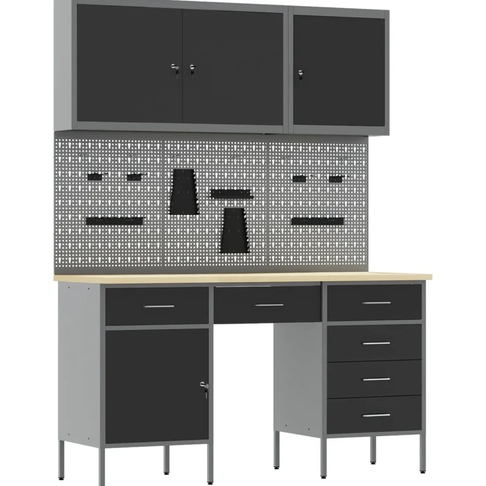 vidaXL Werk kast met lade met slot 8 st Zwart Engineered hout en staal