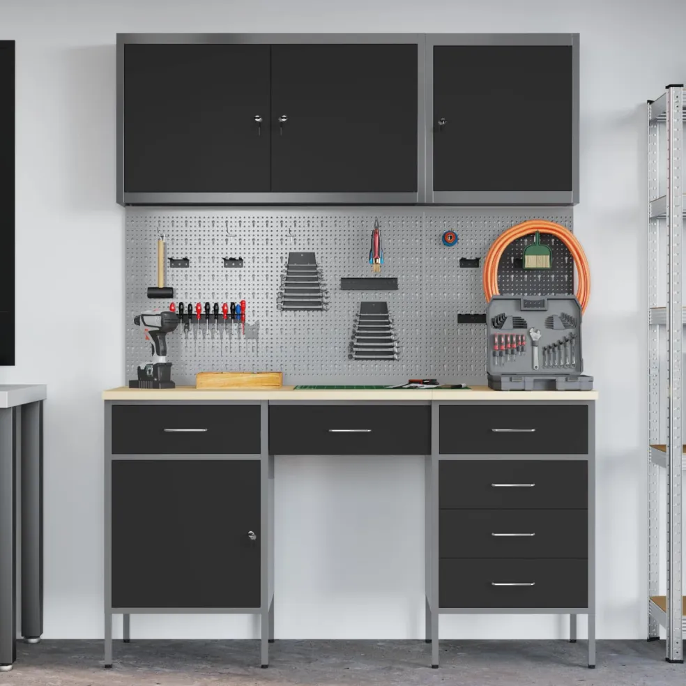 vidaXL Werk kast met lade met slot 8 st Zwart Engineered hout en staal