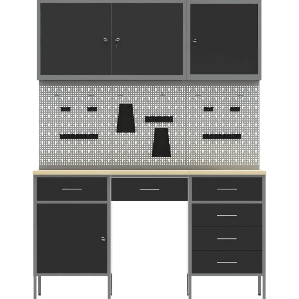 vidaXL Werk kast met lade met slot 8 st Zwart Engineered hout en staal