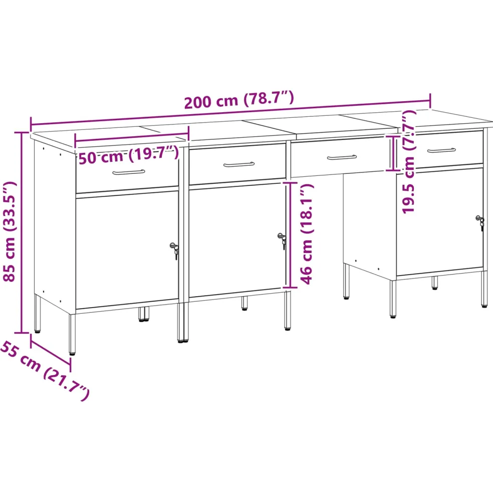 vidaXL Werk kast met lade met slot 4 st Rood Engineered hout en staal