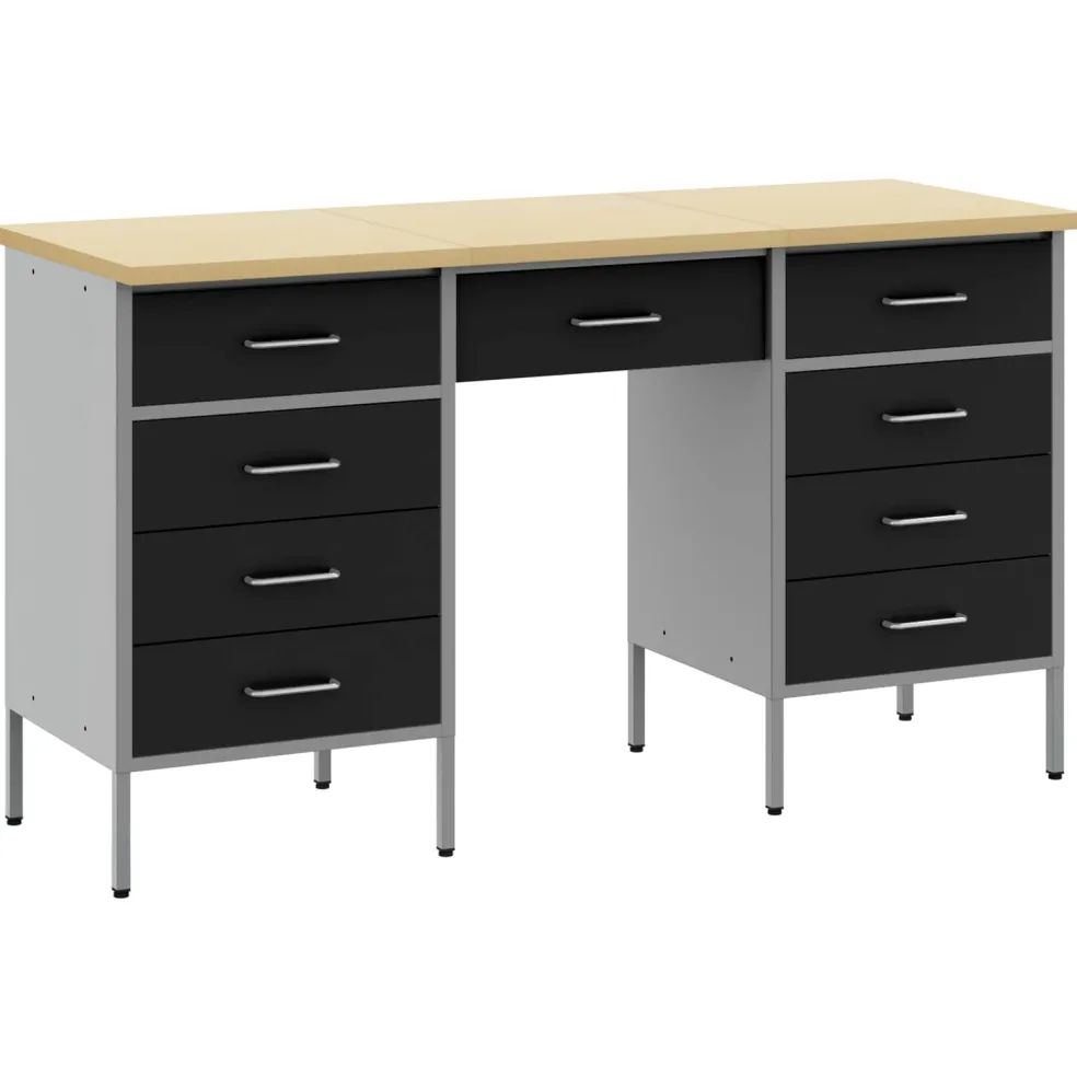 vidaXL Werk kast met lade met slot 3 st Zwart Engineered hout en staal