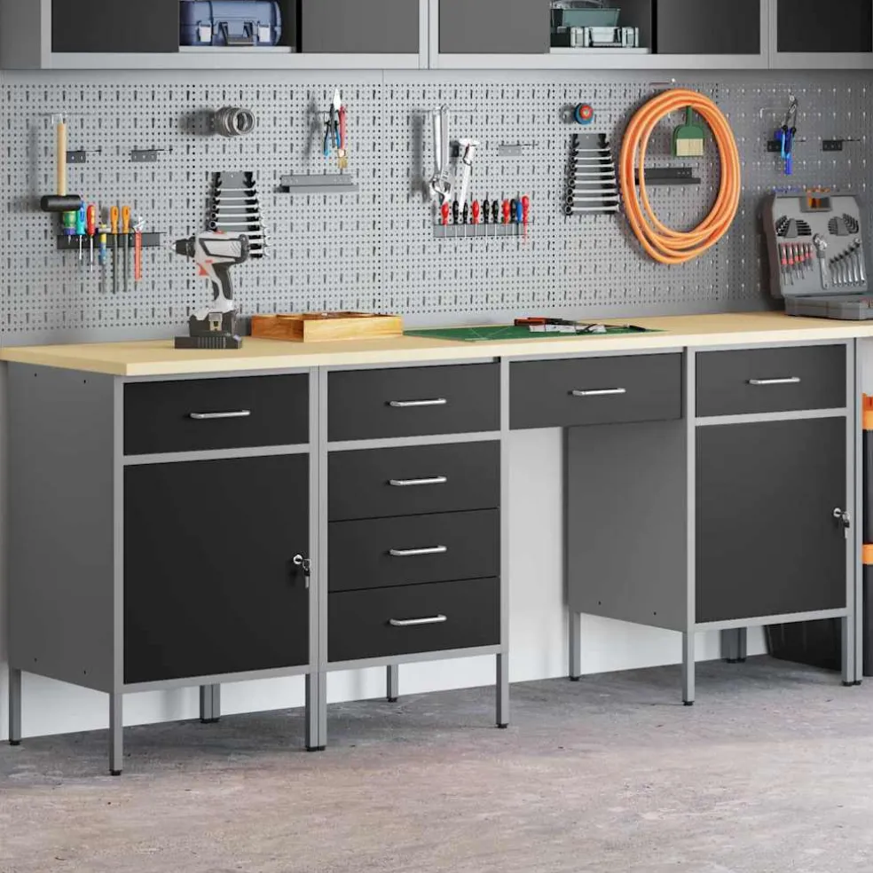 vidaXL Werk kast met lade met slot 4 st Zwart Engineered hout en staal