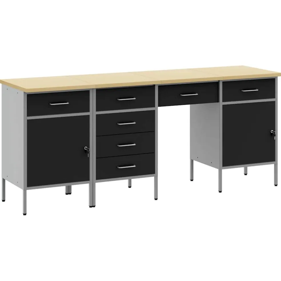 vidaXL Werk kast met lade met slot 4 st Zwart Engineered hout en staal