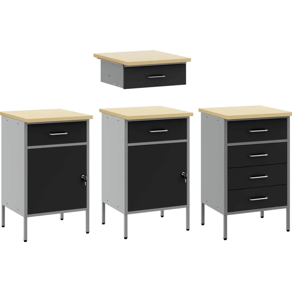 vidaXL Werk kast met lade met slot 4 st Zwart Engineered hout en staal