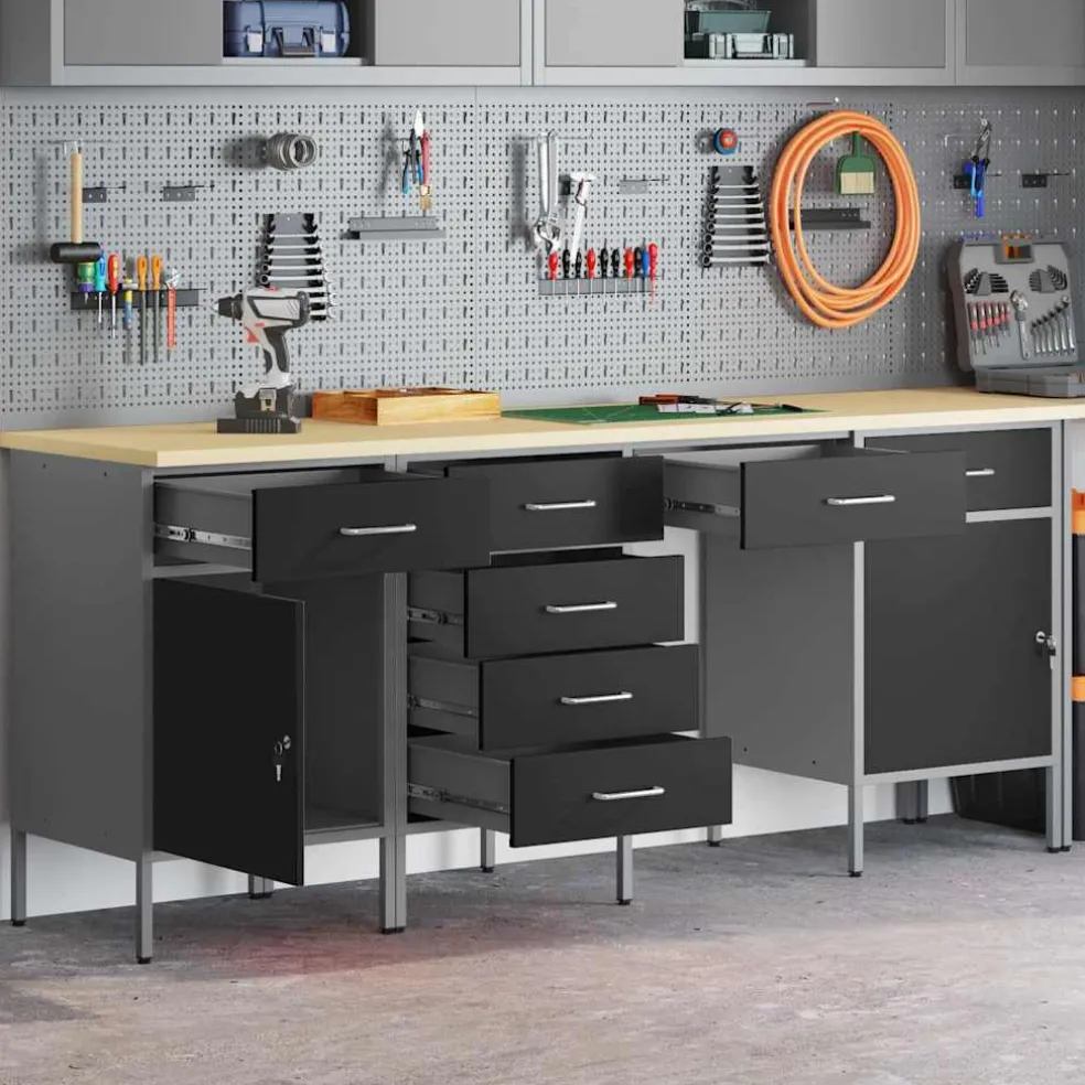 vidaXL Werk kast met lade met slot 4 st Zwart Engineered hout en staal