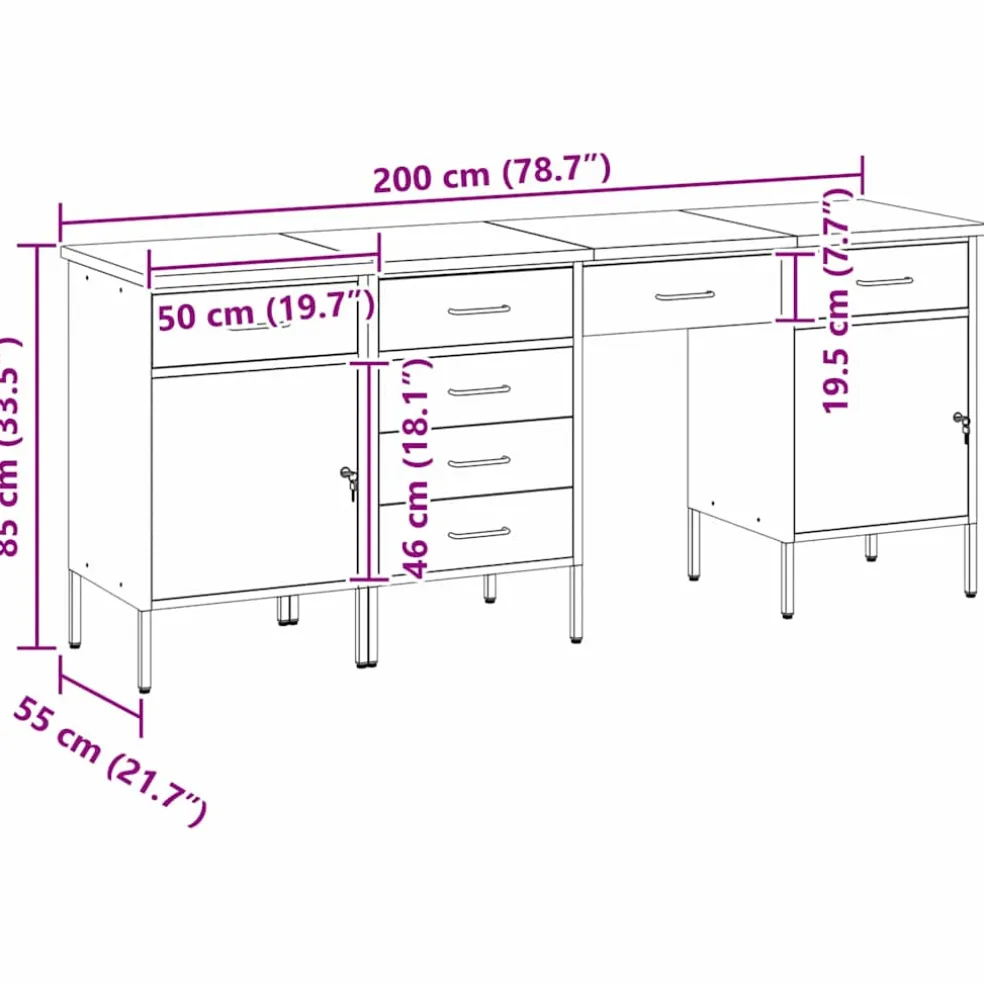 vidaXL Werk kast met lade met slot 4 st Zwart Engineered hout en staal